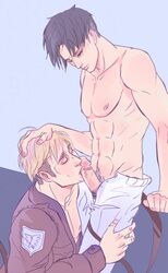 2boys abs attack_on_titan bare_arms bare_chest bare_shoulders black_hair black_pubes black_pubic_hair blonde_hair blowjob closed_eyes erwin_smith gay hand_on_hair hand_on_head hand_on_thigh kneeling levi levi_ackerman licking_penis male male/male male_only mouth_on_penis multiple_boys oral oral_sex pale-skinned_male pale_skin penis penis_in_mouth penis_out pubes shingeki_no_kyojin shirtless size_difference unbuttoned unbuttoned_pants uniform yaoi