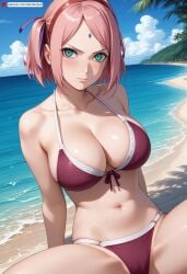 ai_generated arm_support bangs bare_shoulders beach bikini blue_sky blush boruto:_naruto_next_generations breasts cleavage closed_mouth cloud collarbone dandanhub day facial_mark female forehead_mark front-tie_bikini_top front-tie_top green_eyes hair_ribbon large_breasts looking_at_viewer naruto naruto_(series) naruto_shippuden navel ocean outdoors palm_tree parted_bangs patreon_username pink_hair purple_ribbon red_bikini ribbon sakura_haruno sand short_hair sitting skindentation sky solo spread_legs stomach swimsuit tree v-shaped_eyebrows water