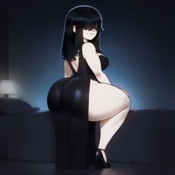 ai_generated big_ass big_butt black_clothing black_dress black_hair civitai dynamic_angle hands_on_knees long_dress lucy_loud mr_cheese121 nickelodeon round_ass round_butt the_loud_house twerking_position