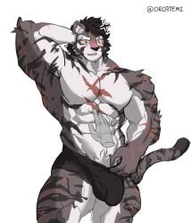 absurd_res anthro biped colored disembodied_hand felid hair hand_behind_head hi_res male mammal muscular muscular_anthro muscular_male muscular_thighs orcatemi pantherine sdorica short_hair signature solo tiger yao_(sdorica)