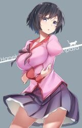 bakemonogatari black_hair blush breast_hold breasts character_name cowboy_shot crossed_arms female female_focus hair_ornament hairclip hanekawa_tsubasa highres large_breasts looking_at_viewer monogatari_(series) ninnzinn no_legwear pleated_skirt puffy_sleeves purple_eyes school_uniform short_hair skirt solo standing