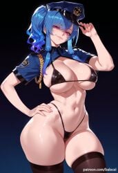 ai_generated azur_lane balecxi black_bikini blue_hair cleavage closed_mouth female hand_on_own_hip hat highleg large_breasts looking_at_viewer navel patreon_username purple_eyes skindentation smile solo st._louis_(azur_lane) st._louis_(luxurious_wheels)_(azur_lane) stomach swimsuit thick_thighs thighhighs wide_hips