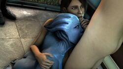 1boy 2girls asari ashley_williams bisexual bisexual_female collaborative_fellatio dinoboy555 fellatio ffm_threesome liara_t'soni mass_effect multiple_girls sucking_testicles tagme teamwork threesome