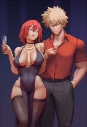 ai_generated boku_no_hero_academia choker clothed eijirou_kirishima female_eijirou genderbent genderswap_(mtf) holding_drink jewelry katsuki_bakugou minidress my_hero_academia nightclub rule_63 sexy_dress sexy_pose sultry_eyes sultry_gaze thighhighs