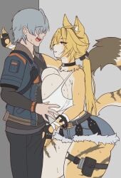 1boy 1boy1girl 1girls anthro arcsinge best_girl blonde_hair blue_jacket booty_shorts breasts cat_ears cat_tail catgirl choker daisy_dukes embarrassed embarrassed_male female fingerless_gloves furry furry_female green_eyes grey_hair hair_over_eyes huge_breasts human jacket kemono large_breasts long_hair long_tail midriff midriff_baring_shirt neck_tuft pale-skinned_male pale_skin ponytail pulchra_(zenless_zone_zero) pulchra_fellini short_shorts sweat sweaty sweaty_body thick_thighs thigh_strap wide_hips wise_(zenless_zone_zero) yellow_fur yellow_hair zenless_zone_zero