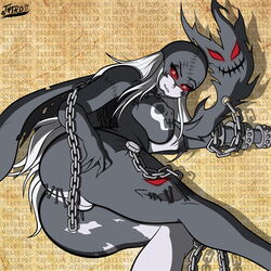 1:1 areola armor ass big_breasts big_butt breasts chains clothing digimon digimon_(species) female genitals hair hi_res humanoid ladydevimon long_hair nipples not_furry platinum_blonde platinum_blonde_hair platinum_hair pussy red_eyes solo third thirdstuff torn_clothing winged_humanoid wings