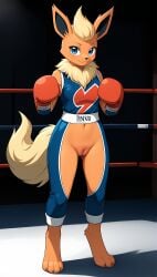 1girls 2025 ai_generated anthro blue_eyes boxing boxing_gloves crotchless digitigrade eeveelution female female_only flareon generation_1_pokemon hi_res indoors innie_pussy looking_at_viewer nintendo orange_fur plump_labia pokemon pokemon_(species) pussy smile