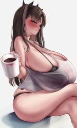 absurdres bare_shoulders blue_eyes blush bra_visible_through_clothes breast_expansion breast_rest breasts brown_hair camisole cleavage coffee crossed_legs ed_granger fate/grand_order fate_(series) female gigantic_breasts highres hyper_breasts large_breasts lipstick_mark long_hair panties profile see-through_clothes see-through_shirt sequence shirt sideboob sideways_glance simple_background sitting skindentation smile strap_gap thighs tohsaka_rin two_side_up underwear