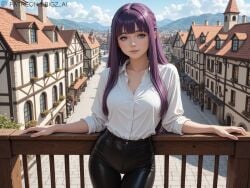 1girls ai_generated artist_name big_breasts bigz_ai blue_eyes blue_hair city curvy female female_only fern_(sousou_no_frieren) huge_breasts latex latex_legwear light-skinned_female long_hair looking_at_viewer outdoors patreon_username purple_eyes purple_hair shirt smile sousou_no_frieren