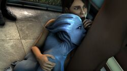 1boy 2girls asari ashley_williams bisexual bisexual_female collaborative_fellatio dark-skinned_male dinoboy555 fellatio ffm_threesome interracial liara_t'soni mass_effect multiple_girls sucking_testicles tag._your._posts. tagme teamwork threesome