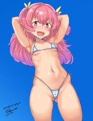 1girls arms_behind_head bikini imazon micro_bikini momoi_airi pink_hair project_sekai solo standing