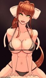 1boy artist_name beauty_mark bikini coral_brown_hair doki_doki_literature_club female green_eyes imminent_sex large_breasts magna_ferra monika_(doki_doki_literature_club) smile unseen_male white_ribbon