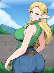 1girls ai_generated ass bare_shoulders belt big_ass blonde_hair blue_eyes earrings elf elf_ears green_shirt hair_ornament jeans looking_back outdoors pawg pointy_ears seductive standing tight_jeans