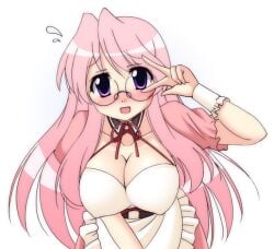 1girls apron big_breasts breasts female glasses leaning_forward lucky_star miyuki_takara narutaki_shin nipple_bulge tagme