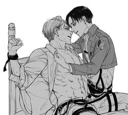 2boys abs attack_on_titan bare_chest bed bigger_sub clothed clothing domination erwin_smith eye_contact gay gay_domination hand_on_head levi levi_ackerman male male/male male_only monochrome multiple_boys muscular muscular_male shingeki_no_kyojin size_difference small_dom_big_sub smaller_dominant tied_to_bed tied_up twoframe_(artist) unbuckled_belt unbuttoned unbuttoned_pants unbuttoned_shirt uniform yaoi