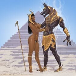 1boy 1girls ancient_egypt anubis dark_skin dark_skinned_female egyptian frans_mensink no_sex nude_female pubic_hair tagme