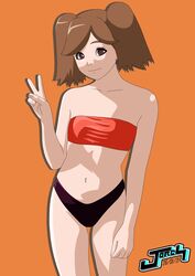 1girls bare_shoulders bikini_top boruto:_naruto_next_generations breasts brown_eyes brown_hair female female_only jorch_jacg long_hair looking_at_viewer midriff mole mole_under_eye naruto naruto_(series) navel parted_bangs peace_sign strapless strapless_bikini suzumeno_namida swimsuit tied_hair twintails v