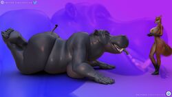 16:9 3d_(artwork) anthro ass being_watched belly big_belly big_breasts big_butt breasts canid canine clock common_hippopotamus daz3d daz_3d daz_studio digital_media_(artwork) domestic_cat felid feline felis female female/female fox group hippopotamid huge_breasts huge_butt huge_thighs hyper hyper_belly jasmine_(loneclaw) larger_female loneclaw looking_at_another lying lying_on_breasts lying_on_ground mammal neck_bulge on_front oral_vore overweight overweight_anthro overweight_female red_fox size_difference smaller_female swallowing thick_thighs vore watch wide_hips widescreen willing_vore yuri