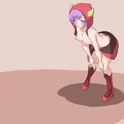 1girls areolae bangs bent_over blush boots breasts collarbone courtney_(pokemon) erect_nipples eyebrows_visible_through_hair eyelashes fake_horns female female_only hood hoodie horns human human_only large_breasts looking_at_viewer nintendo nipples pokemon pokemon_oras pokemon_rse purple_eyes purple_hair sabonbold short_hair solo solo_female standing tagme topless