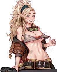 1girls belt blonde_hair blue_eyes blushyspicy braid breasts cleavage female female_only freckles gemma_(monster_hunter_wilds) goggles hammer jacket light-skinned_female light_skin midriff monster_hunter monster_hunter_wilds pants shiny_skin stomach sweat underboob