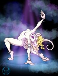 anthro ass blonde_hair blue_eyes bracelet bracelet_only breasts dancing digital_media_(artwork) female fur genitals hair hi_res jewelry long_hair mammal murid murine nipples nude nude_anthro nude_female open_mouth pussy rat rat_ears rat_tail rodent shannon_(bahumot) shawnthegirl simple_background solo tail teeth vulva white_body white_fur