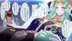 1boy 1girls bad_pixiv_id bar_censor byleth_(fire_emblem) byleth_(fire_emblem)_(male) fire_emblem fire_emblem:_three_houses green_eyes green_hair matching_hair/eyes nintendo penis penis_grab rhea_(fire_emblem) rhealeth saijou_satoru solo_focus straight translation_request