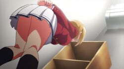 anime ass ass_focus big_breasts bowtie breasts classroom_of_the_elite fanservice kushida_kikyou presenting_ass pressed_against pressing_breasts_together school_uniform schoolgirl screencap skirt skirt_lift uniform