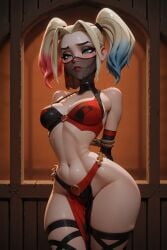 ai_generated belly_dancer belly_dancer_outfit blue_eyes bound bound_arms cartoony harley_quinn harley_quinn_(multiversus) looking_away mouth_veil multicolored_hair multiversus rope_bondage troythekid twintails