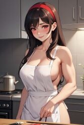 1girls abs ai_generated apron apron_only big_breasts black_hair blush blush blush_lines breasts cake cleavage completely_nude cooking curvy_body curvy_female curvy_figure dh_lucky earrings kitchen long_hair naked_apron solo solo_female spy_x_family standing steam steaming_body yor_briar yor_forger