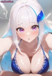 1boy1girl ai_generated between_breasts big_breasts big_eyes big_penis bikini blue_bikini blue_bra blue_hair boobjob bra breasts breasts_press embarrassed female front_view grabbing huge_breasts light_skin lingerie lize_helesta long_hair male nijisanji oiled penis pov purple_eyes sex swimsuit twintails twintails white_hair