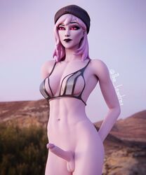 1futa 3d absurd_res balls big_breasts black_lips black_lipstick blender bra breasts dusk_(fortnite) erection female female_only fortnite futanari grey_skin hands_behind_back hat intersex lewdrex looking_to_the_side midnight_dusk_(fortnite) nude nude_female penis pose posing purple_hair red_eyes tagme watermark