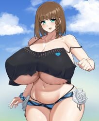 1girls brunette_hair charlotte_corday_(fate) charlotte_corday_(swimsuit_caster) fate/grand_order fate_(series) huge_breasts light-skinned_female looking_at_viewer muundae smile