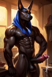 ai_assisted ai_generated anthro anubian anubian_jackal anubis balls ballsack chest cum cum_drip cumshot dark-skinned_male dark_body dark_penis dark_skin ear erect erect_nipples erect_penis erection male male_focus male_only muscle muscles muscular muscular_anthro muscular_arms muscular_male muscular_thighs naked naked_male nude nude_anthro nude_male pointed