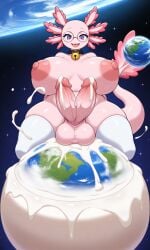 2_penises ai_generated anthro axolotl cum cum_on_body cumming cumming_the_world diphallia diphallism furry futa_monster futanari giantess goddess huge_breasts huge_cock mommy multi_genitalia multi_penis penis pink_body pixai planet planetary_macro solo