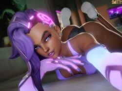 1girls 3d black_panties blizzard_entertainment clothed dark-skinned_female dark_skin earrings female female_only gloves horny_female latina latina_female laying_on_stomach long_legs mexican mexican_female mole mole_under_eye olivia_colomar overwatch overwatch_2 purple_eyes purple_hair purple_lips purple_lipstick selfie side_shave slim_waist small_breasts smitty34 solo solo_female solo_focus sombra thong voluptuous voluptuous_female watermark wide_hips