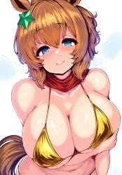 ai_generated animal_ears big_breasts bikini blue_eyes female hair_accessory horse_girl light_brown_hair ponytail red_scarf taiki_shuttle_(umamusume) umamusume umamusume_pretty_derby