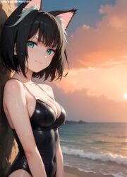 1girls 2d ai_generated ass athletic athletic_female bare_shoulders beach belly black_hair cat_ears cat_girl cat_tail chest cleavage curvy curvy_figure cute cute_face detailed eyelashes eyeshadow female female_only fit fit_female focus green_eyes high_leg_leotard high_quality hips isekai_shikkaku legs light-skinned_female light_skin lips lipstick looking_at_viewer makeup mascara medium_breats medium_hair midriff navel nero100 one-piece_swimsuit outdoors pale-skinned_female pale_skin perky_breasts petite_ petite_body posing seductive seductive_look serious serious_face short_hair skinny skinny_girl slim stable_diffusion swimsuit swimwear tama_(isekai_shikkaku) teenager thighs thin_waist wet