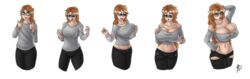 1girls artist_signature bimbo bimbofication breast_expansion breasts cleavage eyewear glasses hair_growth hip_expansion huge_breasts jeans lipstick long_hair midas-bust navel sequence solo solo_female torn_clothes transformation