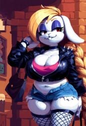 ai_generated alternate_costume anthro belly big_breasts blonde_hair braid breasts buckteeth bunny bunny_girl chubby cleavage denim denim_shorts female fishnet_legwear fishnets furry furry_female half-closed_eyes hariet_(mario) huge_breasts leather_clothing leather_jacket long_hair navel nintendo purse rabbit shortstack sudospritez super_mario_odyssey