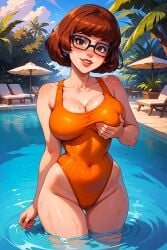 ai_generated big_breasts cameltoe glasses holding_breast looking_at_viewer scooby-doo swimsuit thighs velma_dinkley