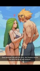 ai_generated beach bikini blush blush boku_no_hero_academia couple curvy denki_kaminari hearts_around_head ibara_shiozaki large_ass large_breasts my_hero_academia sexy_smile shirtless smile sultry_eyes sultry_gaze text wedding_ring