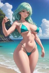 ai_generated big_breasts bikini cloud green_eyes green_hair ocean