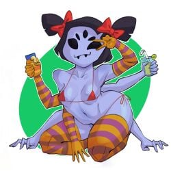 5_eyes breasts drink fangs female lime lwdarrt monster_girl muffet posing ribbons sleeves spider_girl stockings sunscreen thick_thighs thighhighs undertale undertale_(series) v_sign