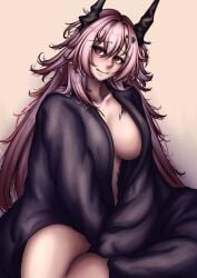 1girls aquaaqua arknights horns nude_robe pink_hair robe sideboob solo theresa_(arknights)