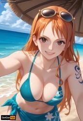 ai_generated bangs bare_shoulders beach bikini blue_bikini blue_sky breasts brown_eyes cleavage clothing cloud collarbone dandanhub day eyewear_on_head female female_only grin large_breasts long_hair looking_at_viewer nami nami_(one_piece) navel ocean one_piece orange_hair outdoors sarong sky smile solo sunglasses swimsuit tattoo