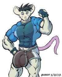 2013 abs aidan_mouse anthro biceps big_bulge big_muscles biped black_hair blue_eyes bobert bulge chain_necklace clothing colored digital_drawing_(artwork) digital_media_(artwork) eyebrows fingerless_gloves flexing flexing_bicep fur gloves hair handwear hi_res huge_bulge humanoid_hands jewelry looking_at_viewer male mammal mouse murid murine muscular muscular_anthro muscular_male necklace pecs quads rodent shaded shirt simple_background smile solo standing tail topwear underwear white_background white_body white_fur