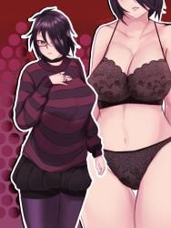 black_bra black_hair blue_eyes bra female glasses hi_res huge_breasts lingerie original original_character short_hair stickvenezuela tagme underwear yukihana_amano_(stickvenezuela)