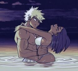 1boy 1boy1girl 1girls bakugou_katsuki bikini blonde_hair boku_no_hero_academia brown_hair female hand_on_waist head_thrown_back holding_waist in_water katsuki_bakugou male male/female muscular_male my_hero_academia niverins ochako_uraraka spiky_hair straight uraraka_ochako