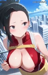 ai_generated big_breasts black_eyes black_hair blush boku_no_hero_academia breasts building city cloud flashing momo_yaoyorozu my_hero_academia ponytail sky verdastra