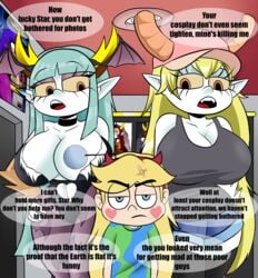 3girls big_breasts bimbopoo blonde blonde_hair breasts capcom clothing cosplay crossover darkstalkers disney disney_channel english_text female female_only flat_chest hekapoo hourglass_figure huge_breasts large_breasts miss_kobayashi's_dragon_maid morrigan_aensland_(cosplay) quetzalcoatl_(cosplay) shorts star_butterfly star_vs_the_forces_of_evil stockings straight_hair text thick_thighs wide_hips zaicomaster14